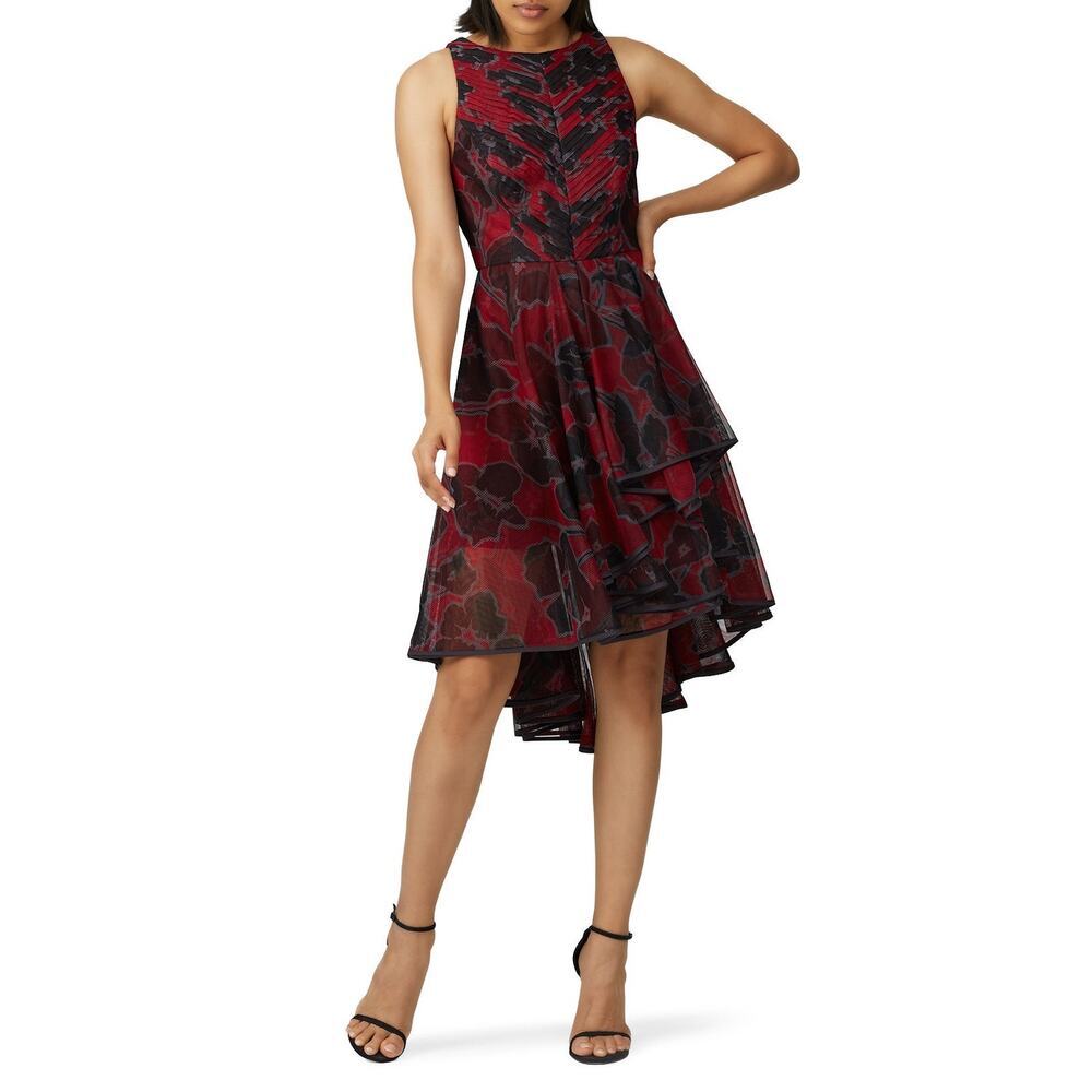HALSTON Red Black Floral Printed Tulle Hourglass Sleeveless Midi Dress Size 12